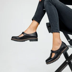 Black Leather T-strap Mary Jane Flats