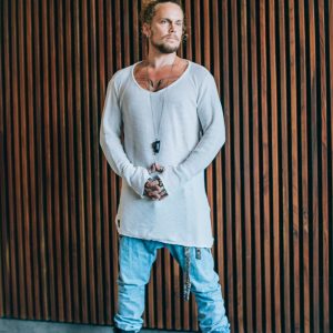 Oversized Knit Cotton Shirt: Deep V Neck Thumb