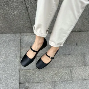 Black Square Toe Mary Jane Leather Flats