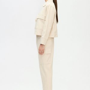 Herringbone Short Jacket Cotton Beige Cream Soft