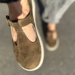 Olive Suede Mary Janes: Wide Toe Box T-strap Flats