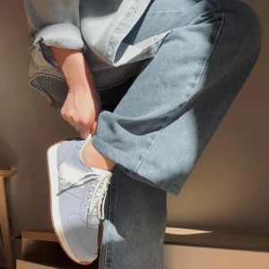 Handmade Retro Light Blue Suede Sneakers Women S