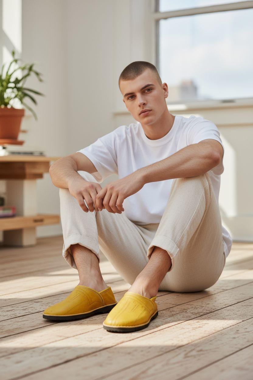 Bright Yellow Moroccan Leather Babouche Handmade Traditional Slippers